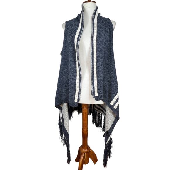Paper Crane Sleeveless Navy and Cream Cozy Open Waterfall Fringe Cardigan Size S - Picture 1 of 9